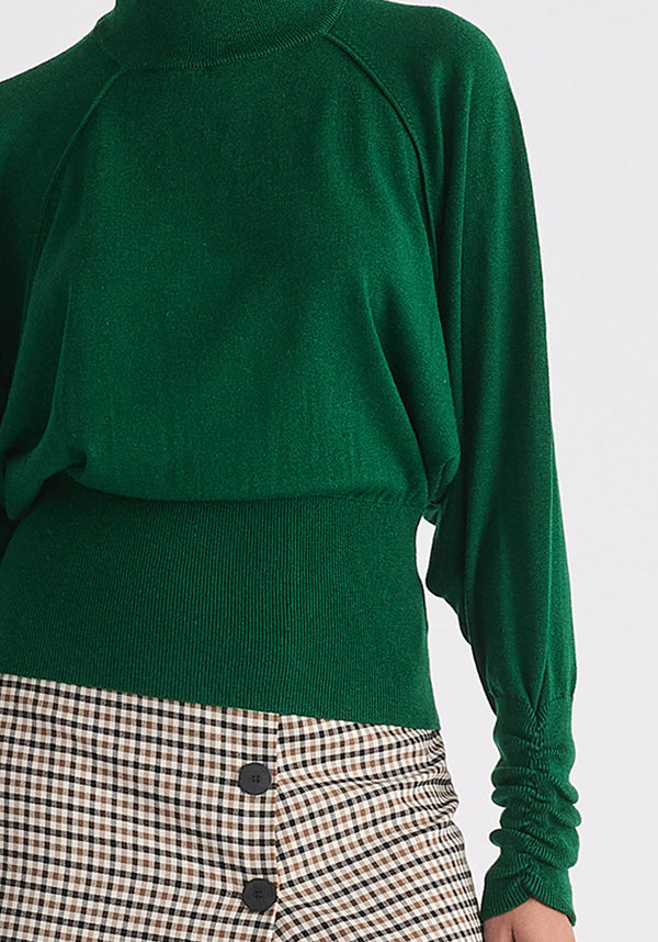 Mock Neck Batwing Jumper with Ruched Cuffs in Green Close Up